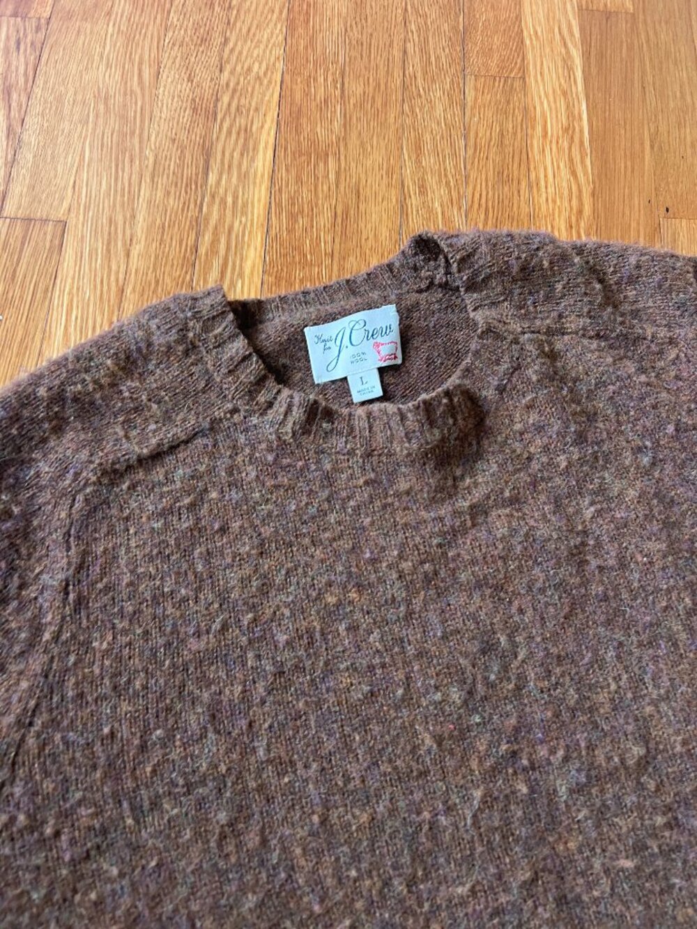 J.Crew Shaggy Dog 100% Wool Brown Saddle Sleeve Crewneck Sweater - Men's Large - Picture 3 of 8